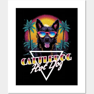 Retro Wave Cattledog Hot Dog Shirt Posters and Art